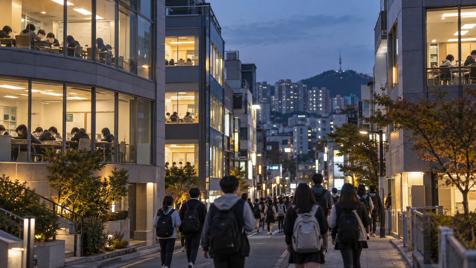 Students attending a bright evening hagwon district in South Korea.