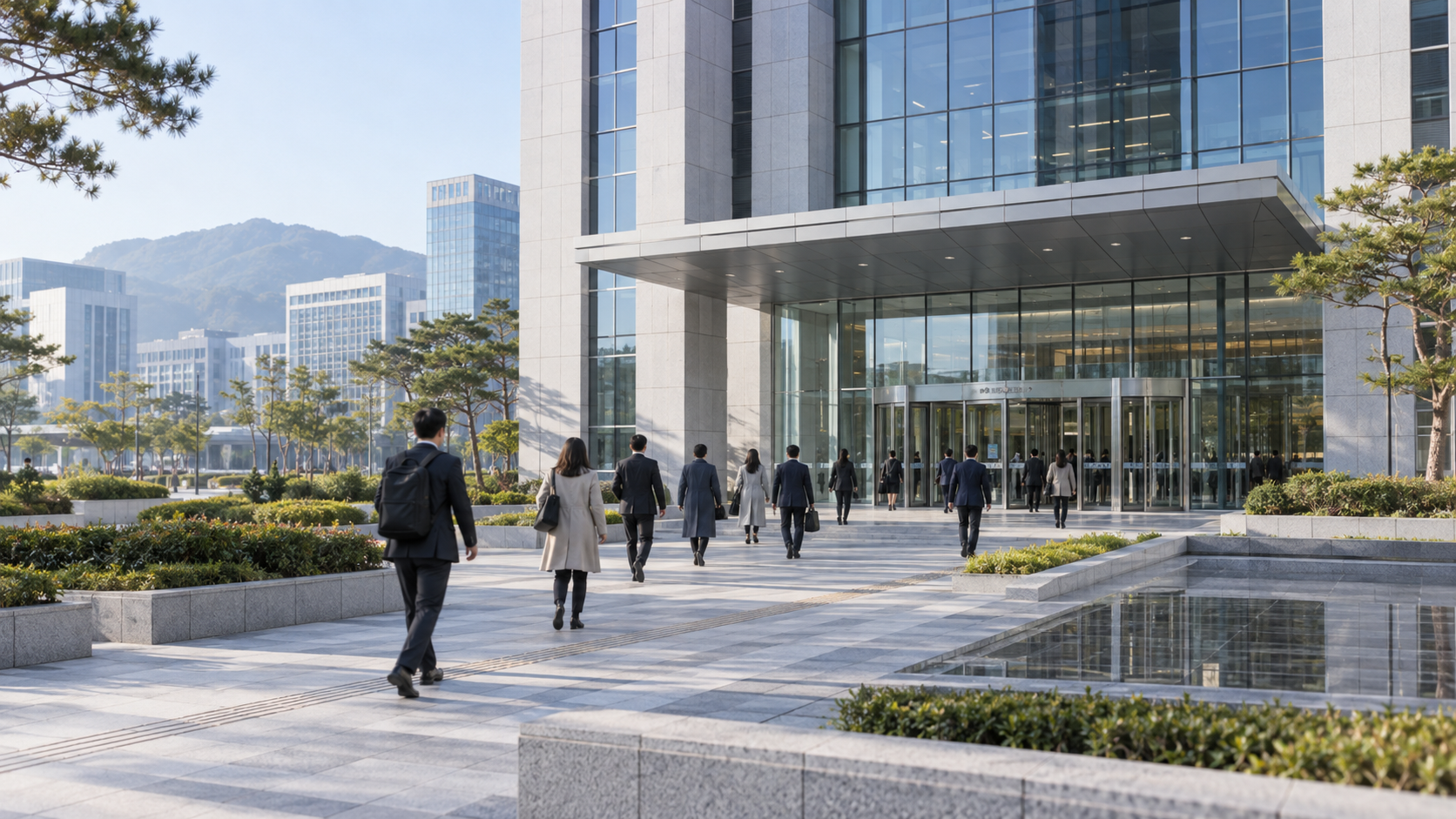 A professional Korean public-enterprise workplace with commuters and civic infrastructure.