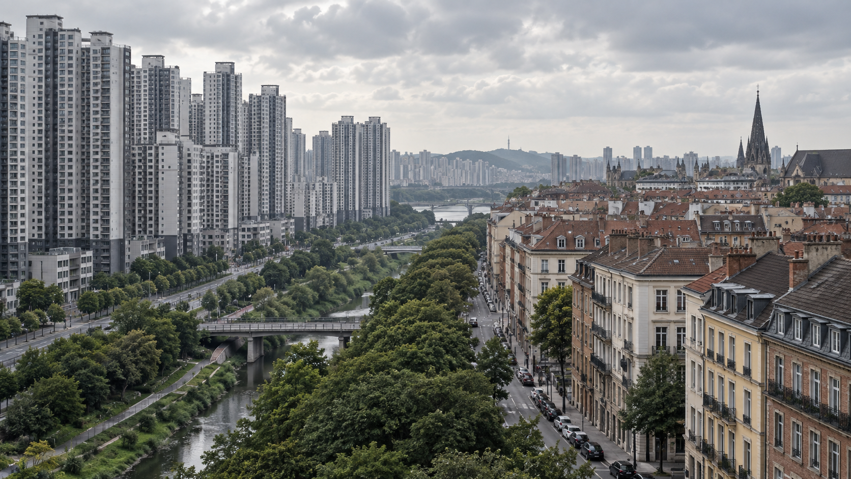 Korean high-rise apartment complex beside an older European mixed-use apartment street.