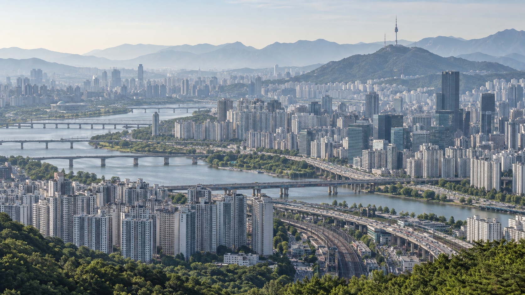 A wide editorial view of dense Seoul development radiating toward surrounding cities.