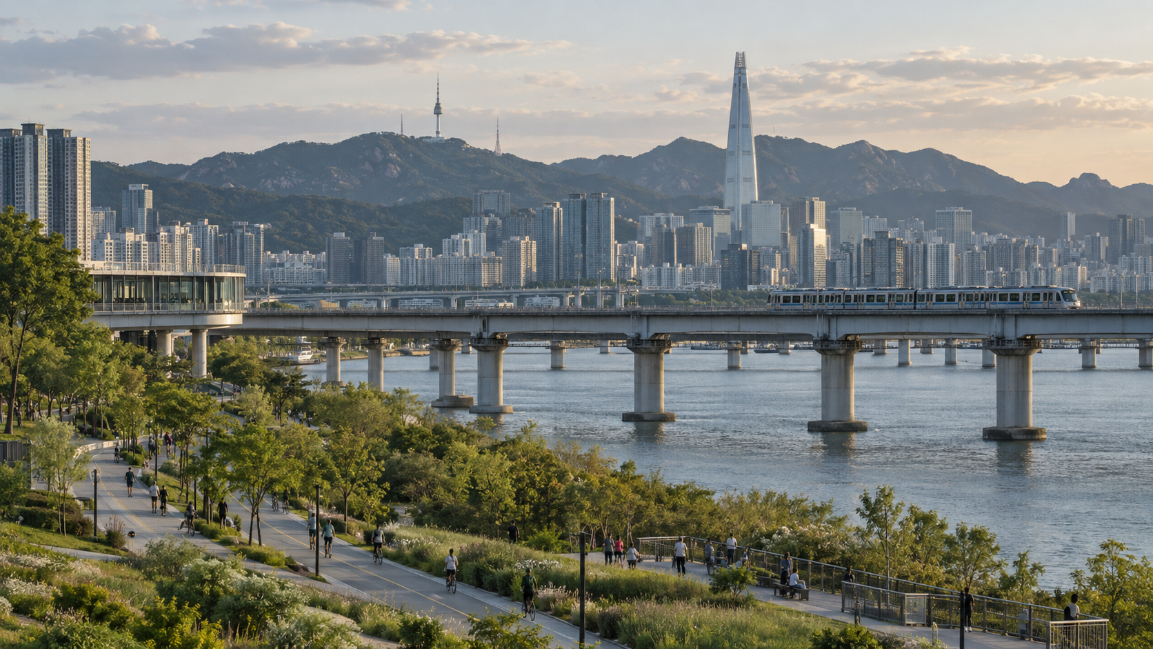 Forested mountains overlooking Seoul high-rises, bridges and the Han River.