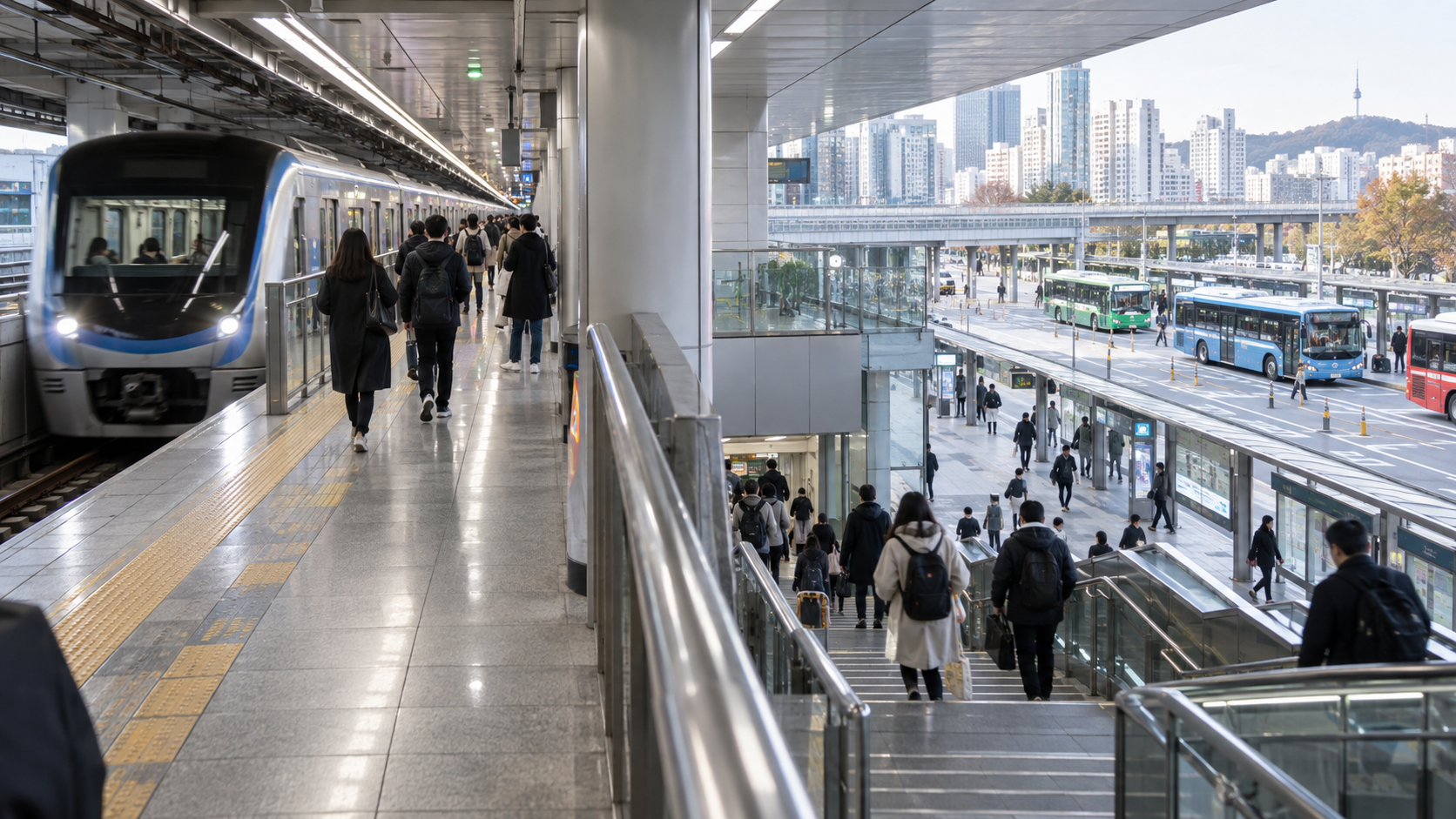 A clean modern Seoul subway platform with commuters and clear wayfinding.